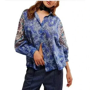 NWT Women's Free People Rose Bud Paisley Print Blue Blouse Size Small LongSleeve